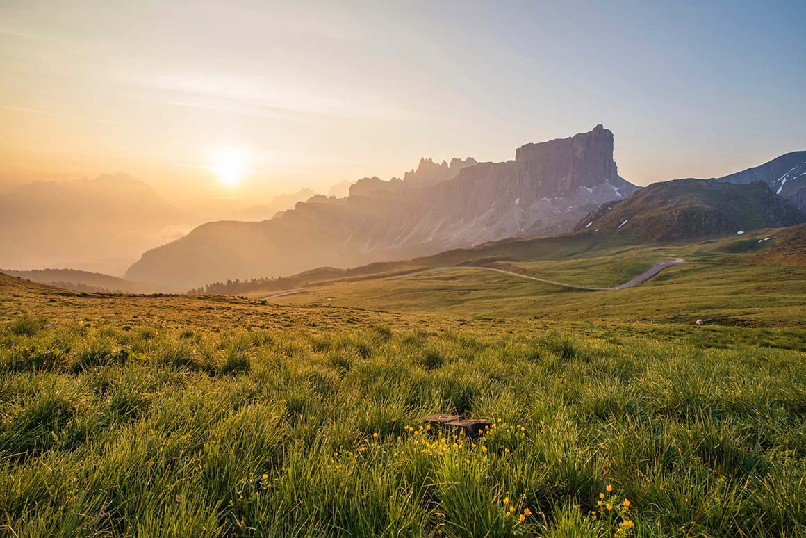 sunset over rocky landscape with close up meadow